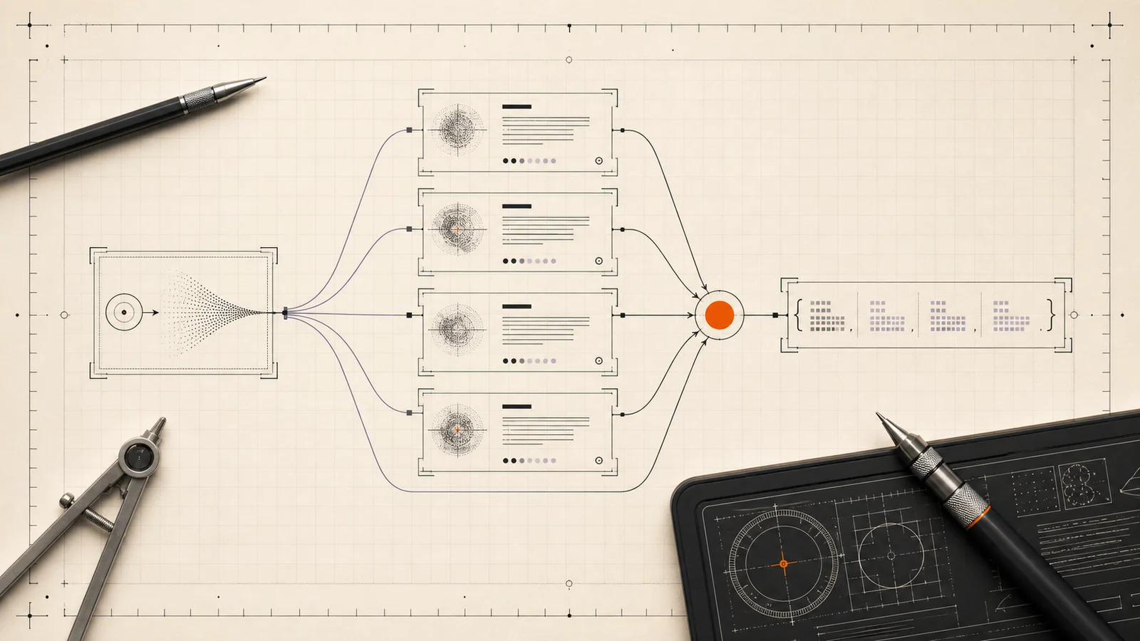 Drafting-paper field sheet showing one query fanning out to multiple AI answers and converging into one result.