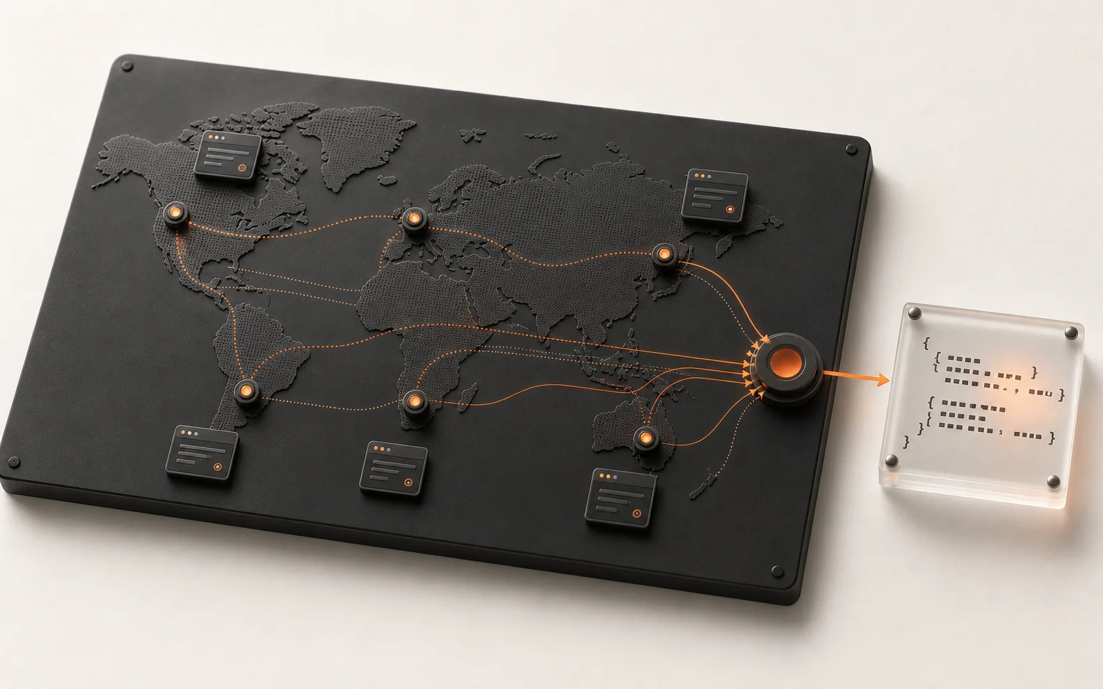 Stylized global routing map resolving regional runs into one stable Envelope object.